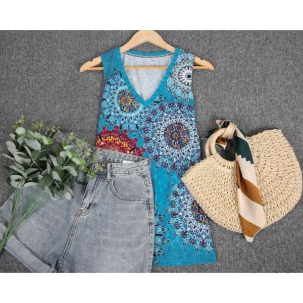 Casual V-Neck Print Sleeveless Top