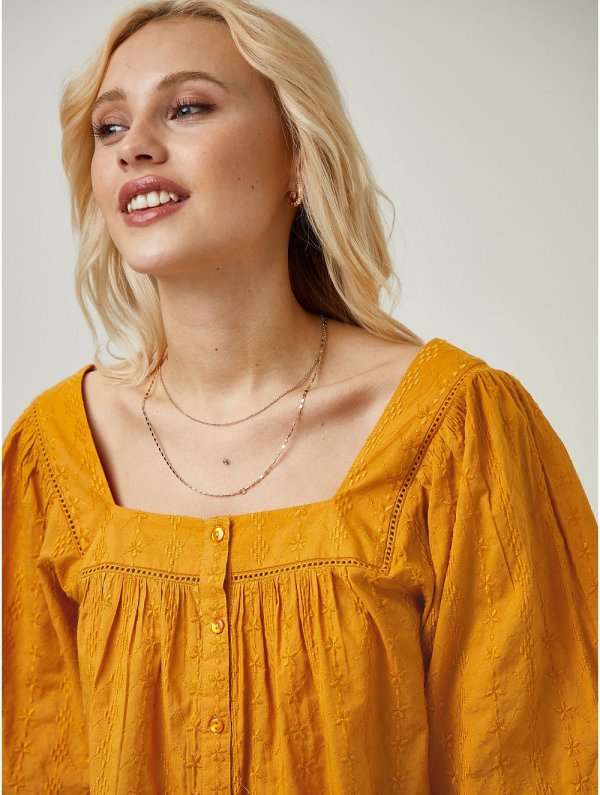 Orange Square Neck Embroidered Blouse