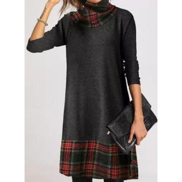 Elegant High Neck Plaid Print Long Sleeve Mini Dress