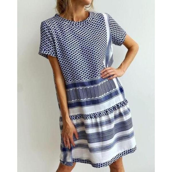 Blue & White Short Sleeve Dress