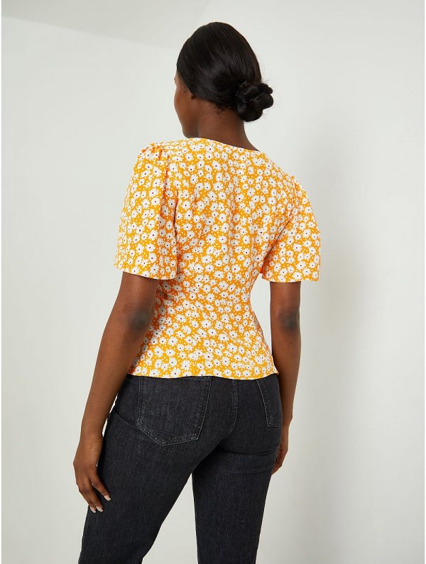 Yellow Floral Print V-Neck Blouse