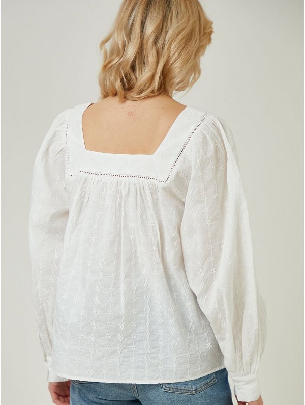 White Embroidered Square Neck Blouse