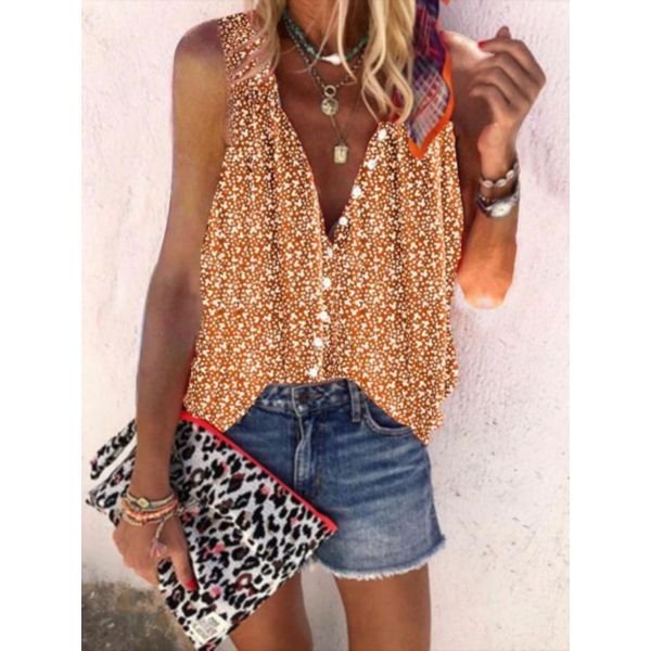 Stunning Print Front Button Placket Sleeveless Top