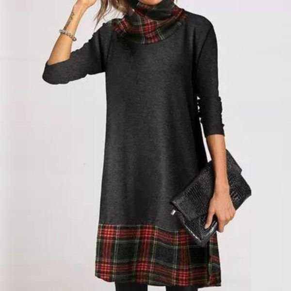 Elegant High Neck Plaid Print Long Sleeve Mini Dress