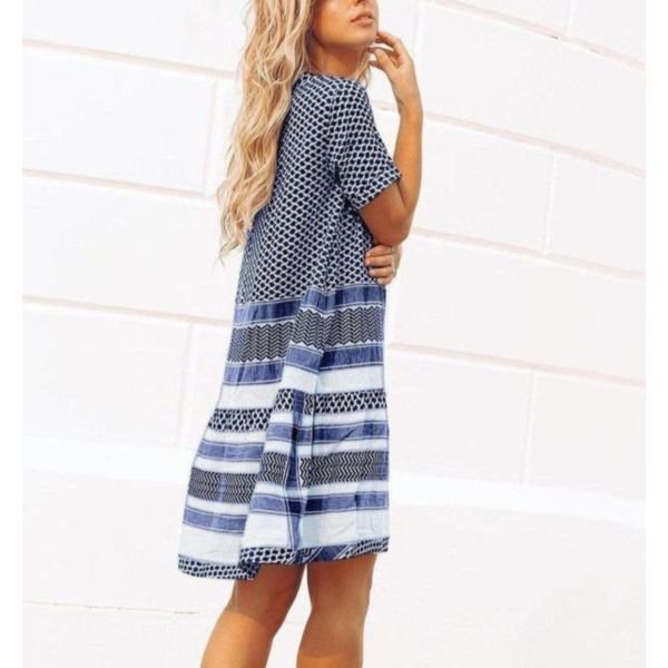 Blue & White Short Sleeve Dress