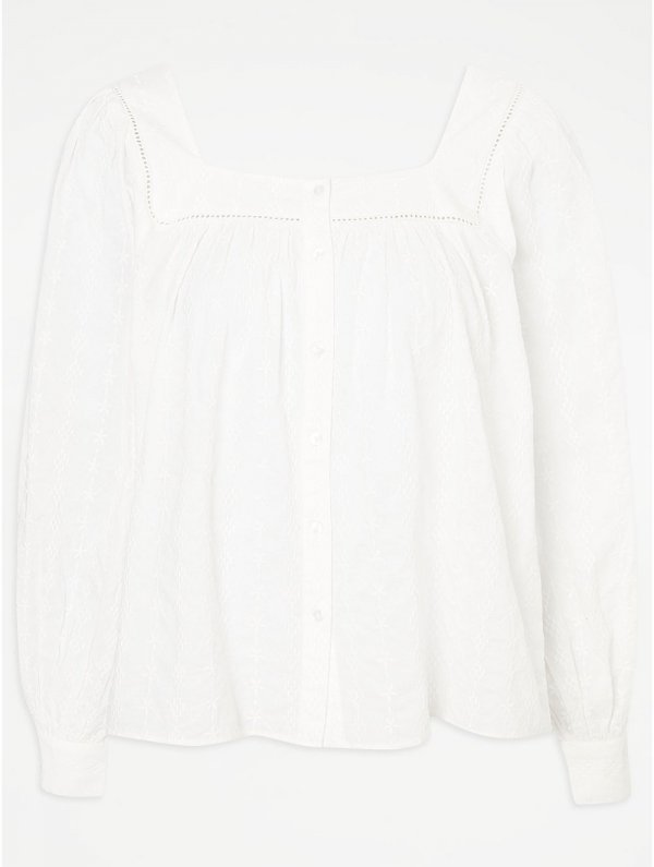 White Embroidered Square Neck Blouse