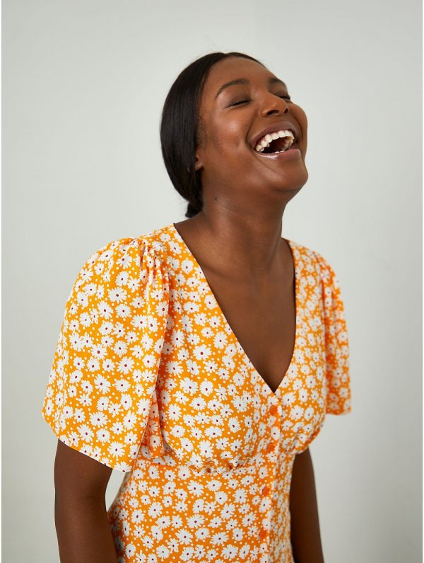 Yellow Floral Print V-Neck Blouse