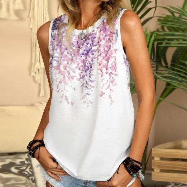 Comfy Round Neck Print Sleeveless Top