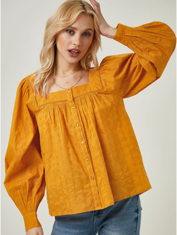 Orange Square Neck Embroidered Blouse