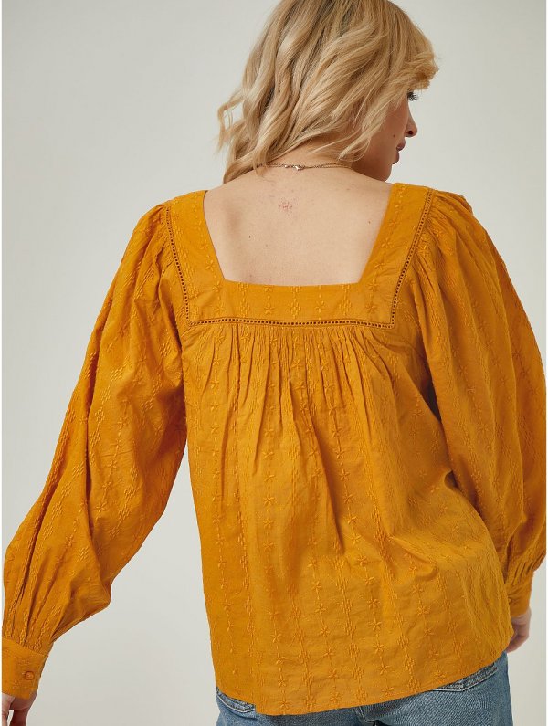 Orange Square Neck Embroidered Blouse